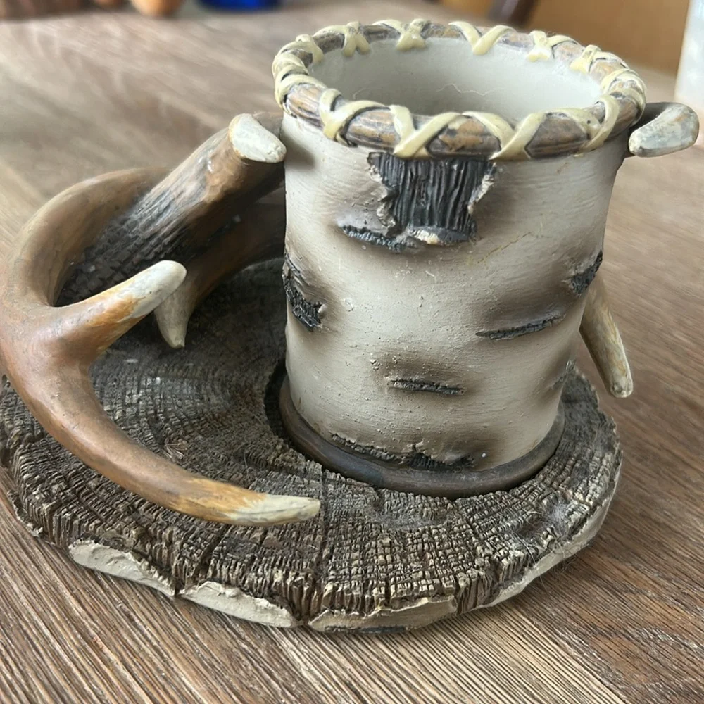 Deer antler toothbrush plate with cup holder and cup/candle holder